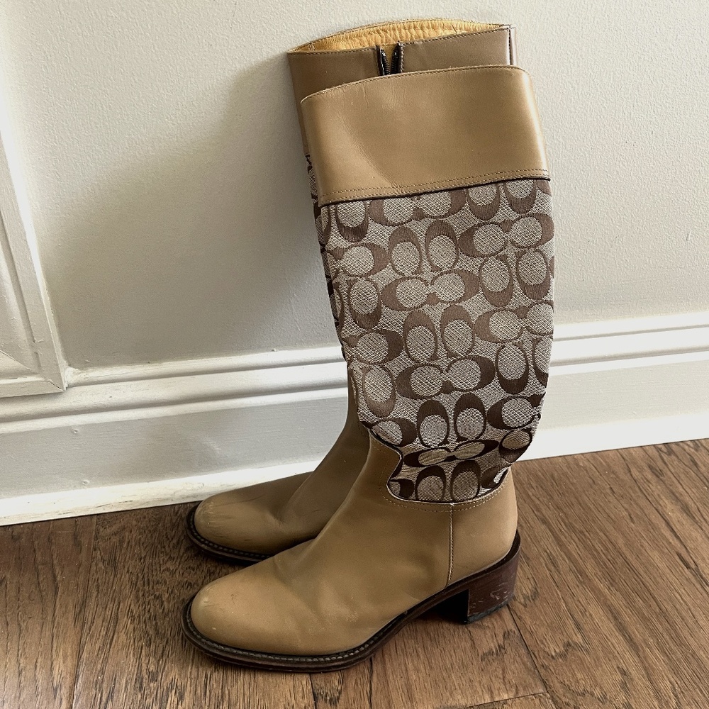 Coach Tan Signature Leather Canvas Riding Boots Size 6.5 B